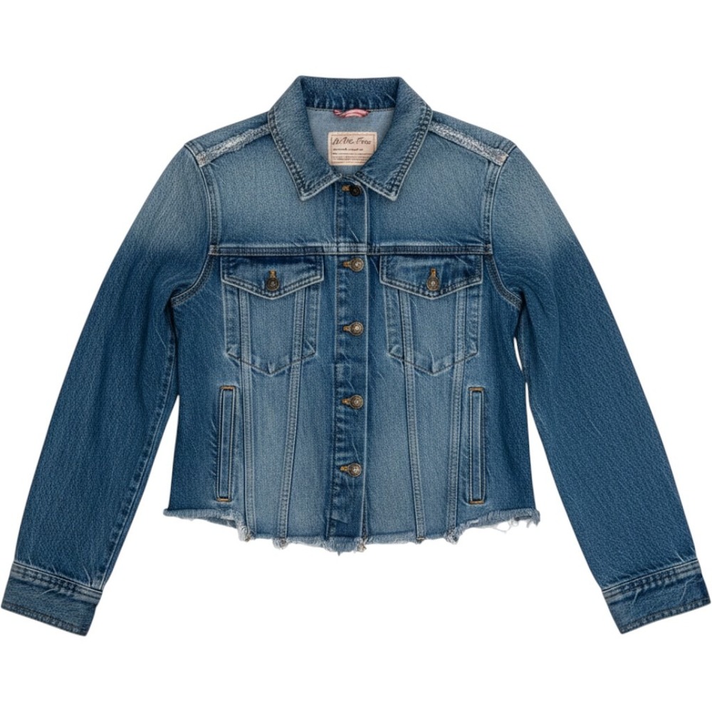 We The Free Free People Denim Jacket Distressed Raw Hem Blue OB1140088 Small